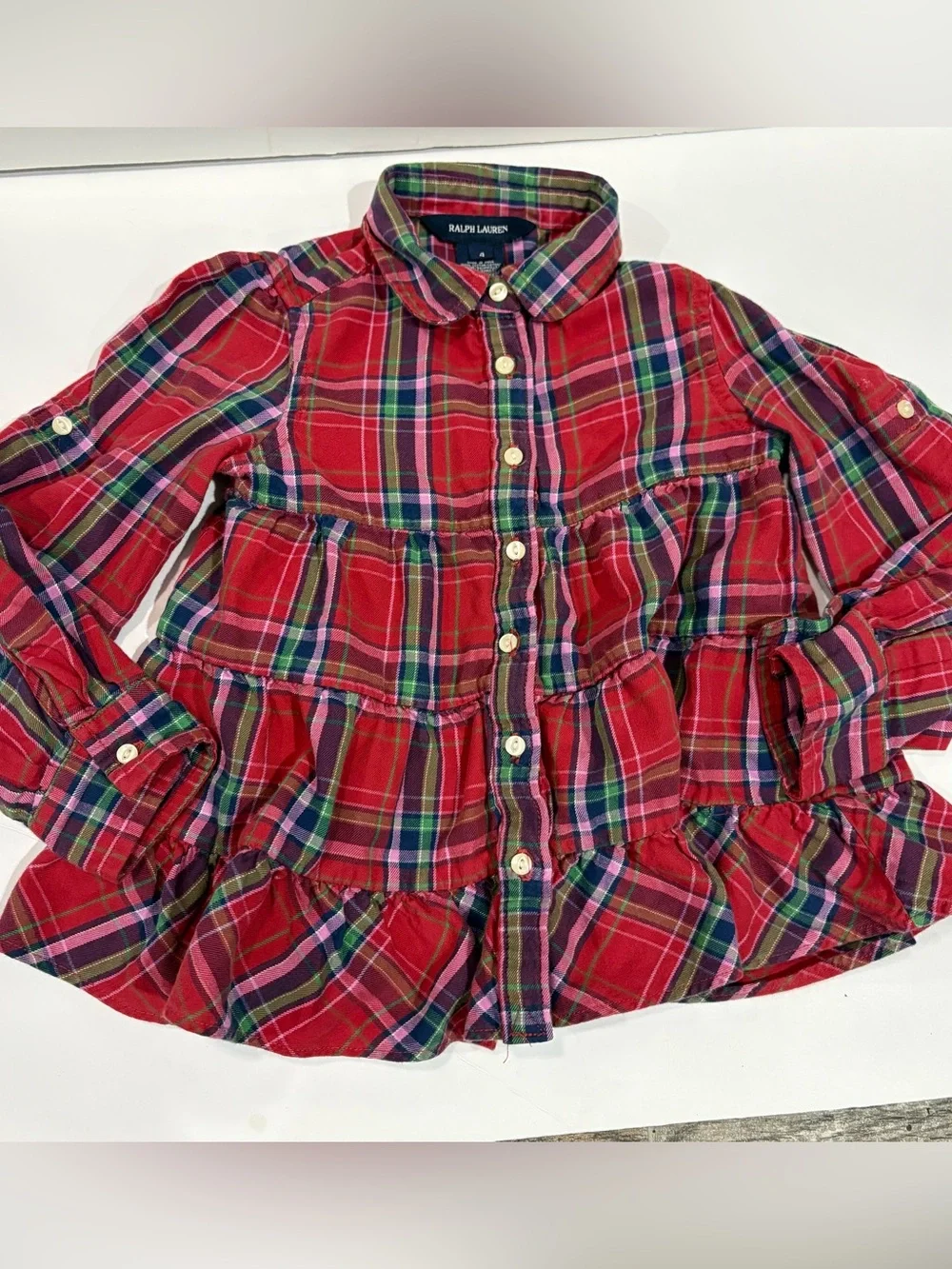 Ralph Lauren Girls 4 Christmas Plaid Peplum Shirt Dress Red Green Pink Preppy